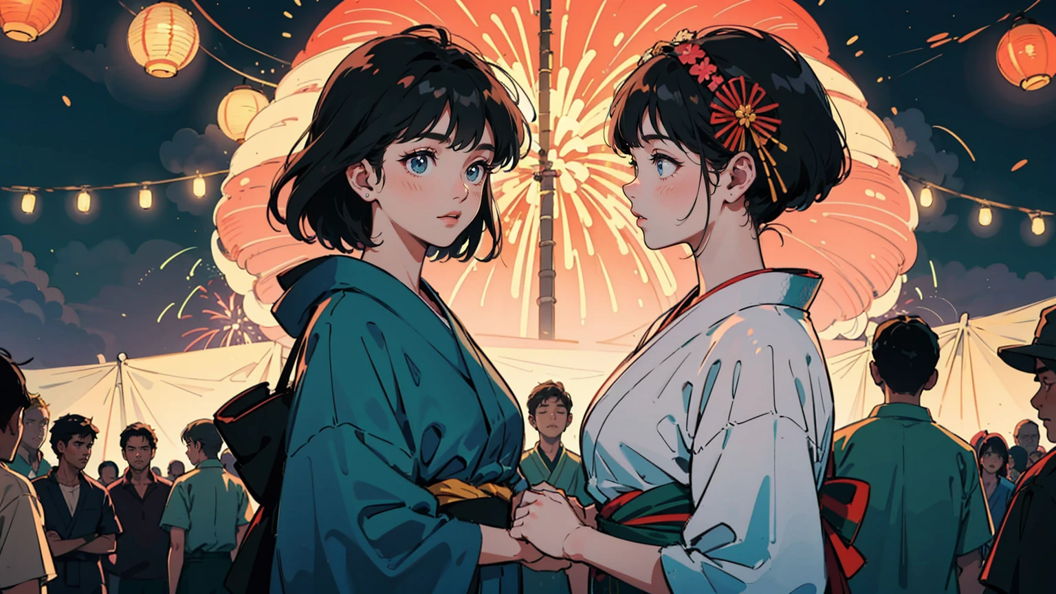 Two cute young Japanese women in colorful yukata, facing each other. 
Upper background: Vibrant fireworks display. Bursts of red, gold, blue, and green against night sky.
Lower background: Crowd of festival-goers in light summer clothing. Blurred figures, mix of tank tops and short sleeves visible.
Soft glow from paper lanterns illuminates the scene.
Girls stand out in sharp focus against blurred, bustling background.
Contrast between traditional yukata and modern summer festival atmosphere. There a lot of colors in the image.