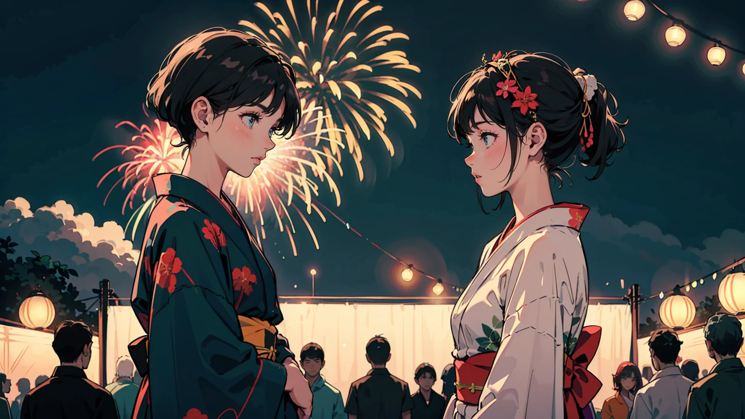 Two cute young Japanese women in colorful yukata, facing each other.
Upper background: Vibrant fireworks display. Bursts of red, gold, blue, and green against night sky.
Lower background: Crowd of festival-goers in light summer clothing. Blurred figures, mix of tank tops and short sleeves visible.
Soft glow from paper lanterns illuminates the scene.
Girls stand out in sharp focus against blurred, bustling background.
Contrast between traditional yukata and modern summer festival atmosphere. There a lot of colors in the image.