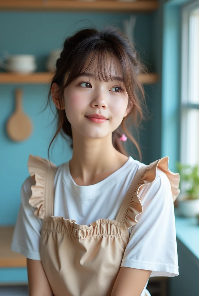 ((best quality, 8K, RAW photos, masterpiece :1.3)), (Practical、Practical:1.37)、Very detailed、Ultra-high resolution, (Professional lighting), ((From below:1.2)),((Full body image)),Solitary, 1 female, Solitary, (18 years old), Japanese, Beautiful and delicate face, Shining eyes, Brown eyes,Small Breasts、 Small Breasts:1.3,(Nogizaka-style beautiful girl) , Delicate and beautiful skin, Texture, Blue Kitchen,
(Healthy smile), (Light pink ribbon, Brown hair),(Nude Apron:1.5、Small ruffled apron:1.3), remember,
girl,Solitary、Look to the side