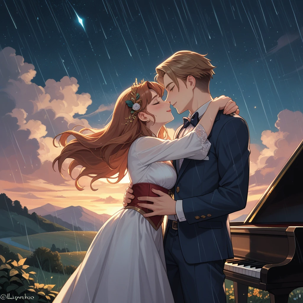 A serene night scene with gentle rain falling softly. The image should capture the romantic atmosphere of night with a gentle crown of clouds. Include a softly lit music box in the distance, blending with the whispers of the night. A piano is playing under the rain, symbolizing the echoes of heartbeats, with a couple dancing gracefully through the raindrops. Moonlight reflects in their eyes as they embrace under the sky, creating a feeling of love and quiet intimacy. The stars above add to the melody of love in the air