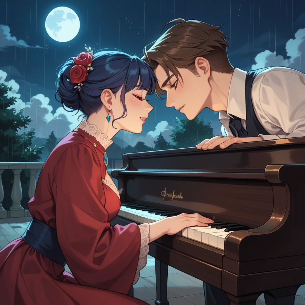 A serene night scene with gentle rain falling softly. The image should capture the romantic atmosphere of night with a gentle crown of clouds. Include a softly lit music box in the distance, blending with the whispers of the night. A piano is playing under the rain, symbolizing the echoes of heartbeats, with a couple dancing gracefully through the raindrops. Moonlight reflects in their eyes as they embrace under the sky, creating a feeling of love and quiet intimacy. The stars above add to the melody of love in the air