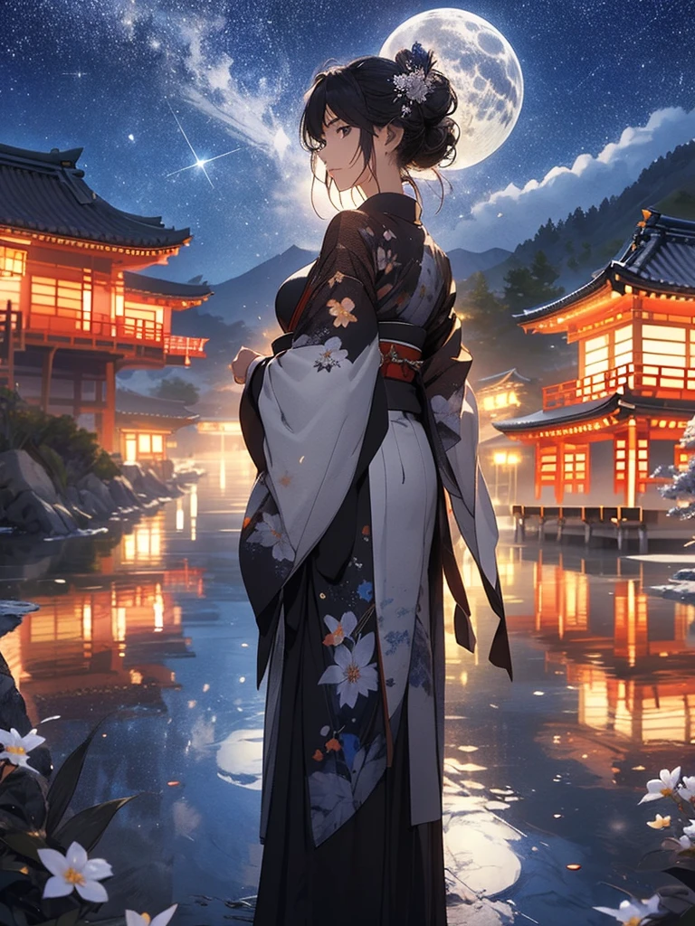 masterpiece, high quality, 4K, Beautiful design, back side view,silhouette, Highly Detailed Starry Sky at Night,Flower Field, wonderful, Finer details, Very knowledgeable woman, Highly detailed solo, 1 female,white kimono,Night view,Starry Sky,full moon,ponytail,Flower-decorated hairpin, hair accessories,cherry blossom,a Moon,japanese shrine, japan,torii,155cm height