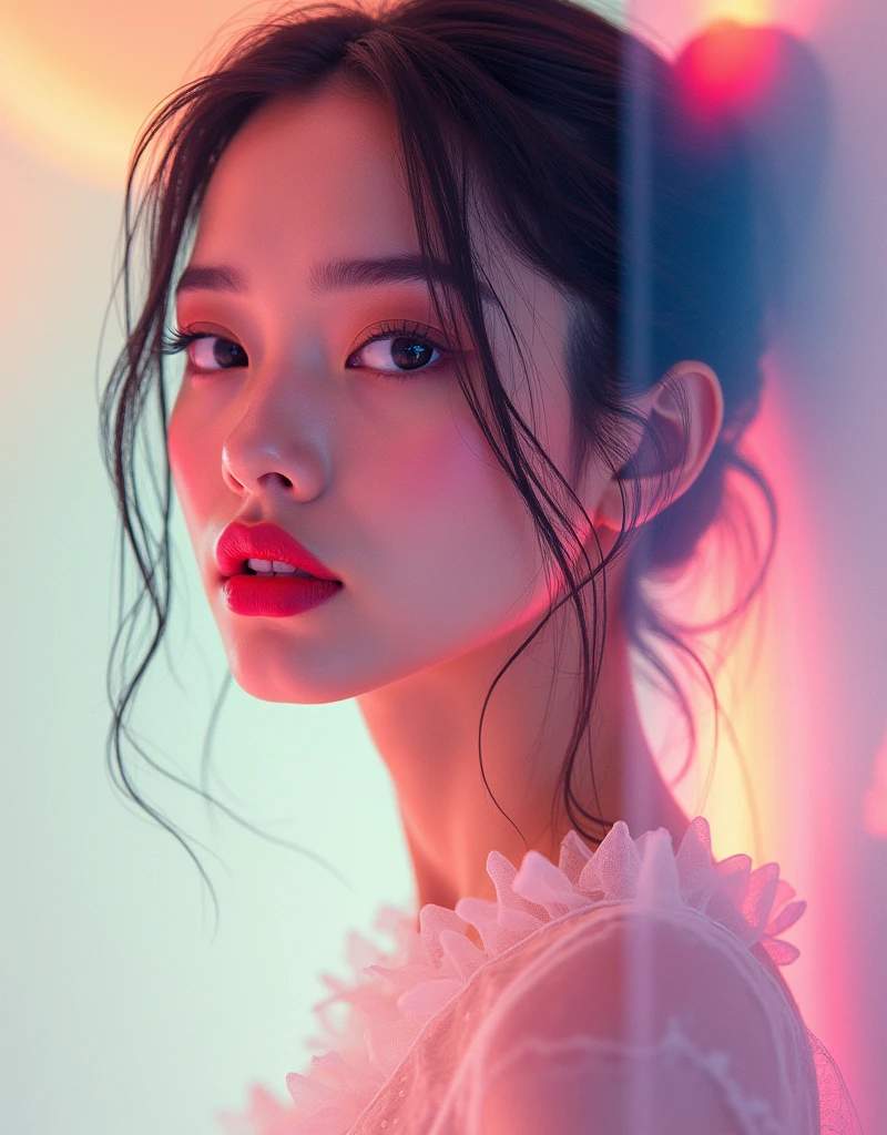 Trendy Portrait, Bright colors, Popmart Production, Delicate luster, Clean background, 8K Gradient Semi-Transparent Glass Melt, Frosted glass, 