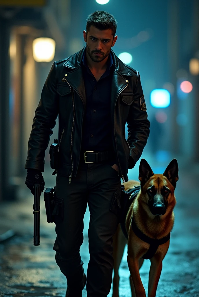 Agent, Police Dog, Black Leather Jacket, Mysterious, Loyal, Sharp, Mission, Tracking, Night Operation, Brave,highres,ultra detailed,best quality,masterpiece