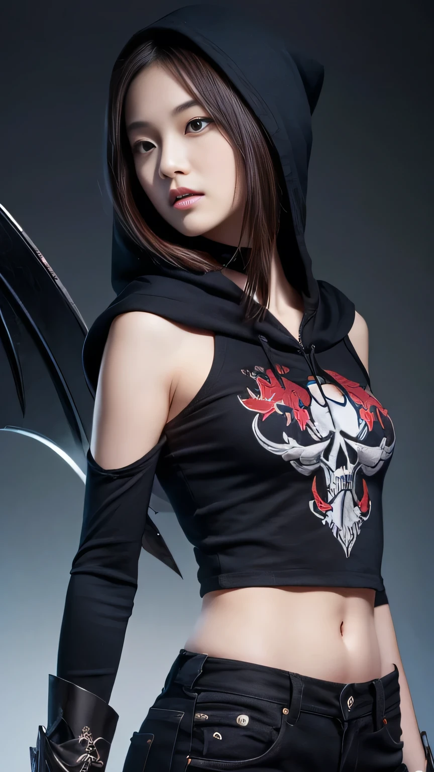 (Cute beautiful girl)(13 years old)(Middle school students)(Dragon on background)(Hooded)female, Holding a black sickle emblazoned with a symbol of Japan signifying death, Black flames emerge from the decoration., The sickle blade comes out of it.、A black wind blows with the ghost of a skull, Judy female with perfect face and scythe is wearing the appropriate outfit of scythe steel, The female has black hair, The woman is the incarnation of the Grim Reaper., (The background of the CG 8k module is very detailed) (Highest quality), (Best illustrations), (Best shade), Very detailed t--v6