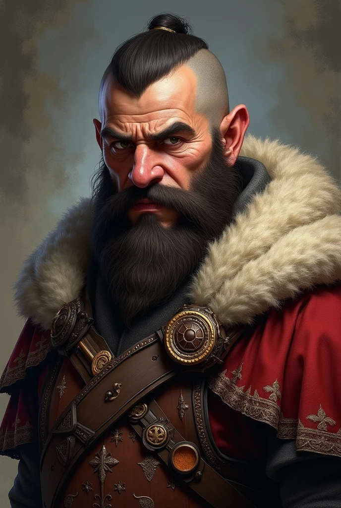 Angular and striking dwarf face, with a prominent chin and high cheekbones. His eyes are piercing and intense, and he has a straight, sharp nose. Normalmente, appears with thick, dark hair, and a short, well-trimmed beard. Her look is completed by medieval nobility clothing., often adorned with rich details, reflecting your status and authority.