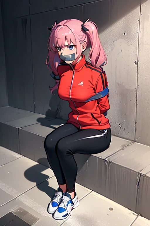 ((1 girl)), ((twin tails)), (sexy),  ((simple_background)), ((concrete floor, concrete wall)), ((underground room)), ((arms behind back)), ((scowl)), ((sitting on the knees)), ((tape gag)),  ((helpless)), ((calm)), ((struggling)), (blue tracksuit,tracksuit,tights pants, long black pants)