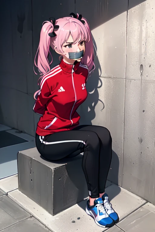 ((1 girl)), ((twin tails)), (sexy),  ((simple_background)), ((concrete floor, concrete wall)), ((underground room)), ((arms behind back)), ((scowl)), ((sitting on the knees)), ((tape gag)),  ((helpless)), ((calm)), ((struggling)), (blue tracksuit,tracksuit,tights pants, long black pants)