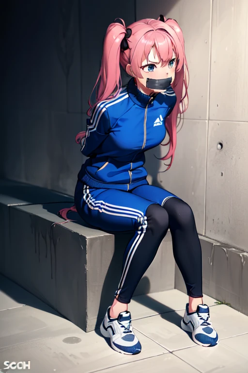 ((1 girl)), ((twin tails)), (sexy),  ((simple_background)), ((concrete floor, concrete wall)), ((underground room)), ((arms behind back)), ((scowl)), ((sitting on the knees)), ((tape gag)),  ((helpless)), ((calm)), ((struggling)), (blue tracksuit,tracksuit,tights pants, long black pants)