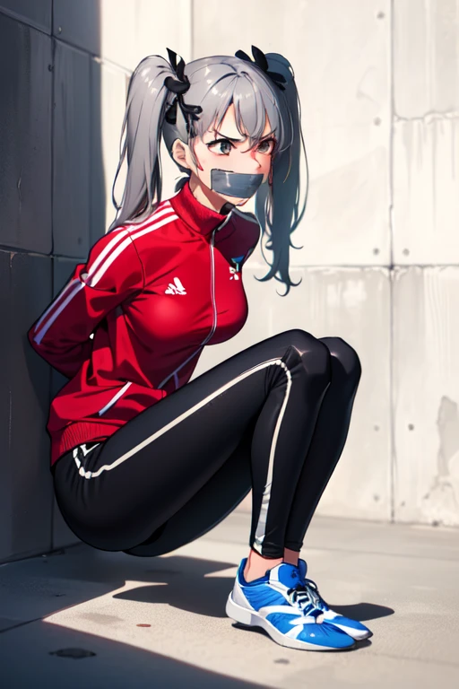 ((1 girl)), ((twin tails)), (sexy),  ((simple_background)), ((concrete floor, concrete wall)), ((underground room)), ((arms behind back)), ((scowl)), ((sitting on the knees)), ((tape gag)),  ((helpless)), ((calm)), ((struggling)), (blue tracksuit,tracksuit,tights pants, long black pants)