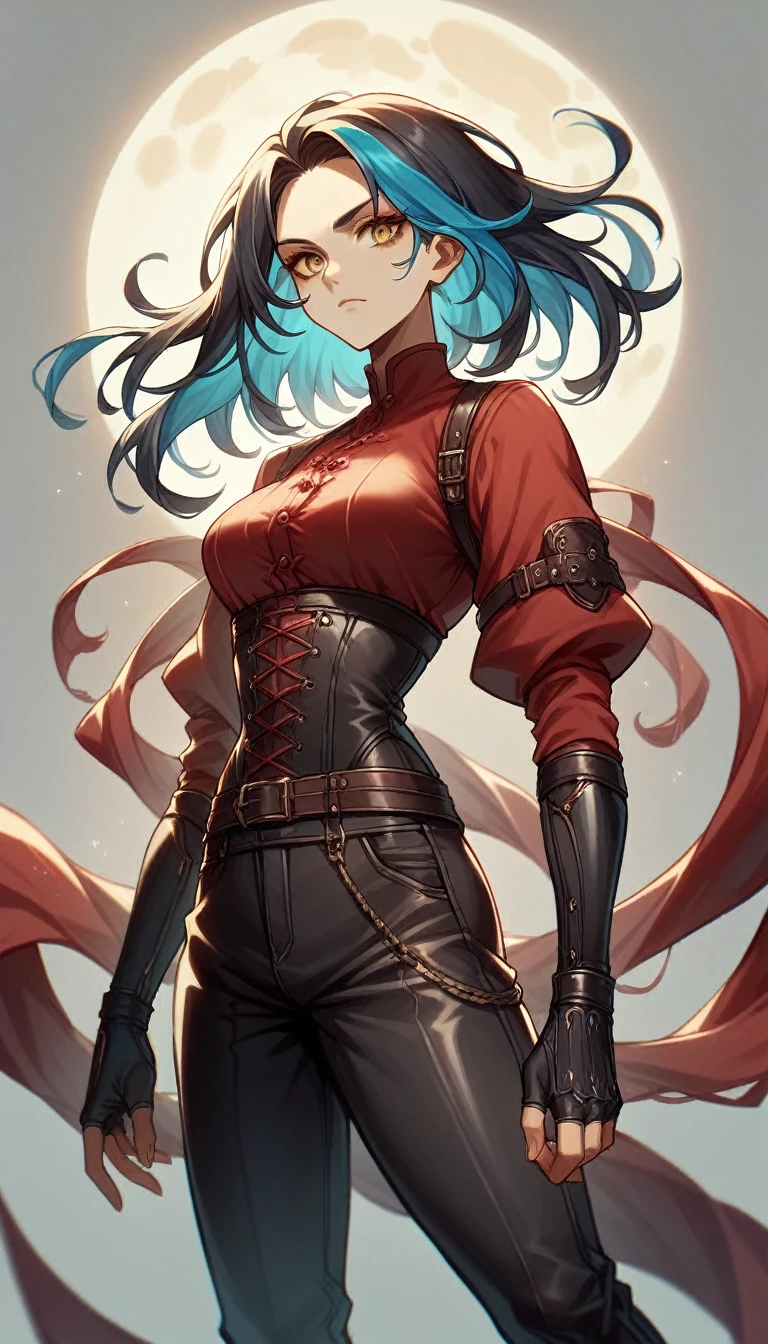 dark style ,make one with black hair with blue highlights and golden eyes with a red blouse and pants and looking at the moon