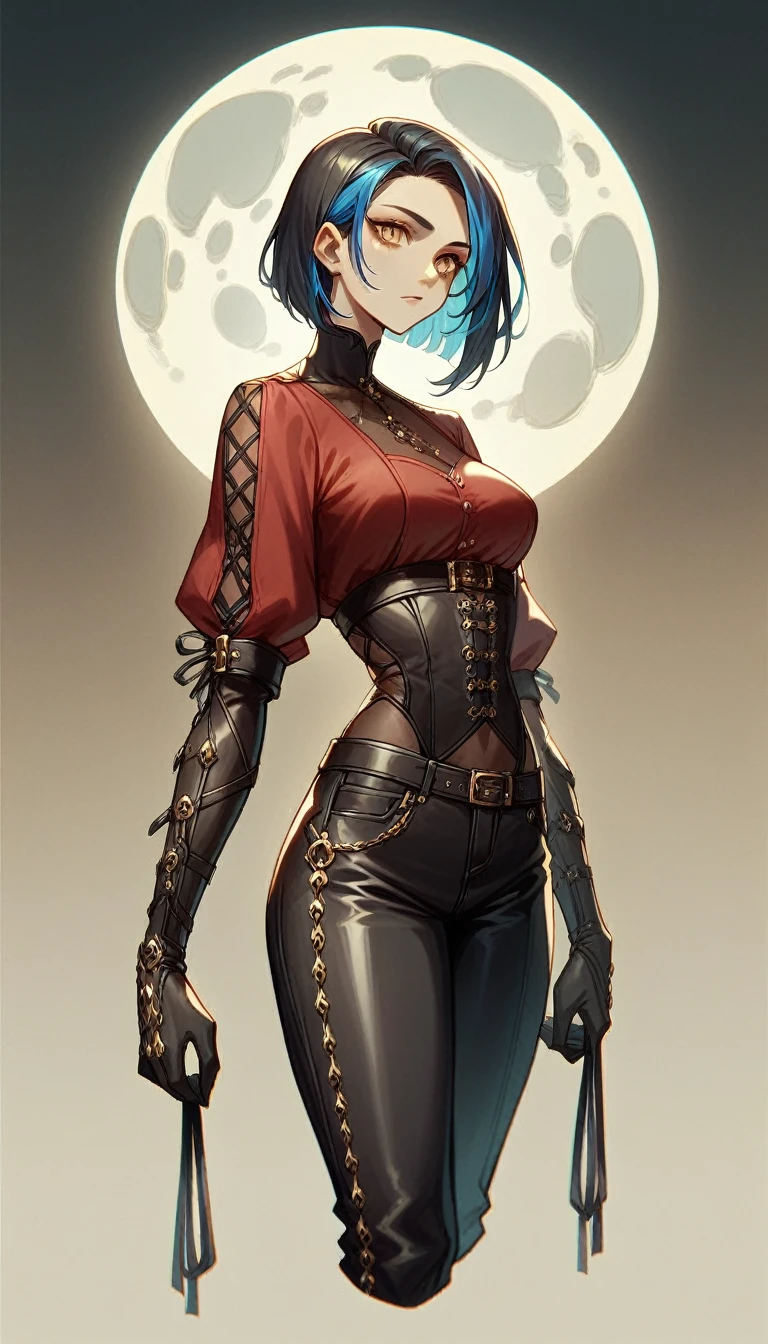 dark style ,make one with black hair with blue highlights and golden eyes with a red blouse and pants and looking at the moon