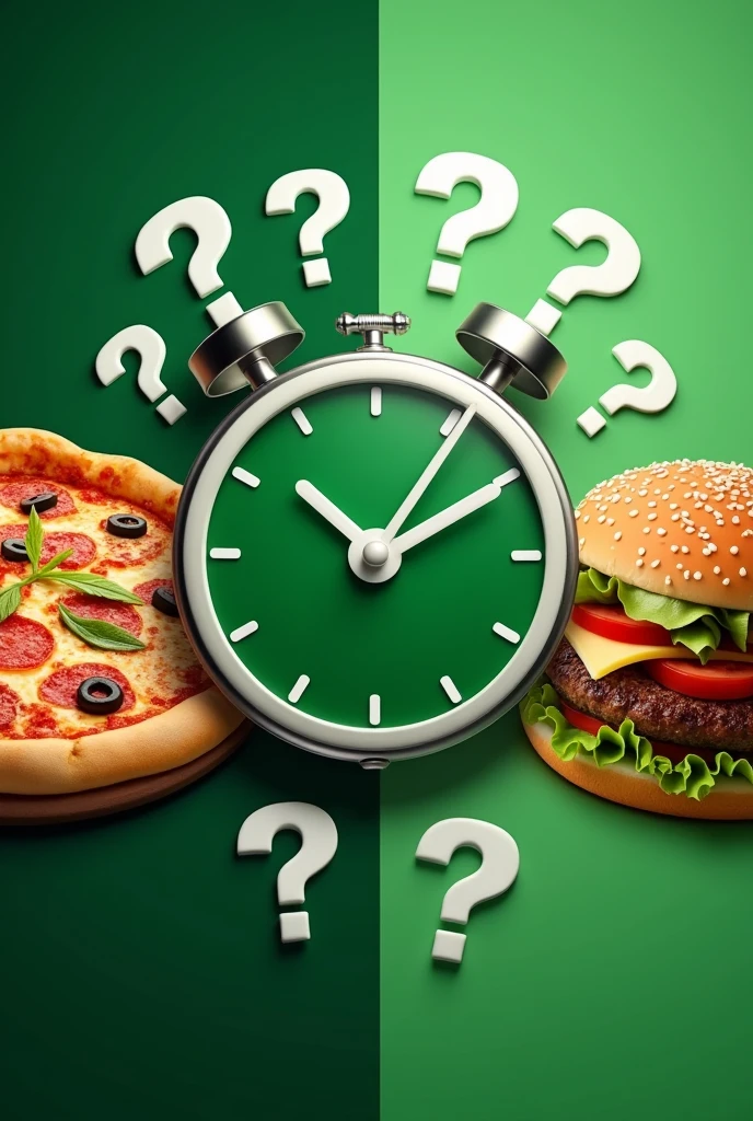 Background: A dynamic, split background with a pizza on one side and a burger on the other.
Central Visual: A large, sleek clock face in the center, with a timer of 10 minutes.
Accent: question marks trailing from the clock.
Include the following text somewhere in the image:
"Swish: Faster than you can choose between pizza and burger. Delivered in 10 minutes or less!"
Keep the theme of the image green.