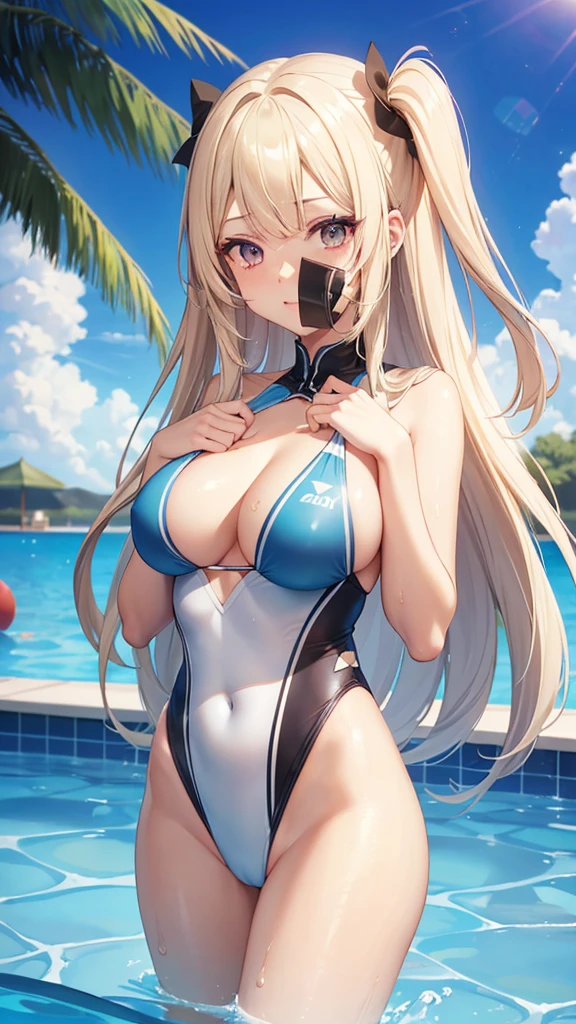 ((Best Quality)), (ultra-detailliert), ((Extremely detailed)), (Beautiful), ((Kawaii Girl)), ((UHD)), (masterpiece), (high quality), (best quality), (4K), (high quality), 1, solo woman, 1woman, ((platinum blond hair)), parted bangs, ((hair intakes)), long hair, (hair two side up long), ((jade colored eyes)), slanted eyes, large breasts, slender body, competition swimsuit, Pool Background, (blue sky:1.3), solar, sunlight, anime style,