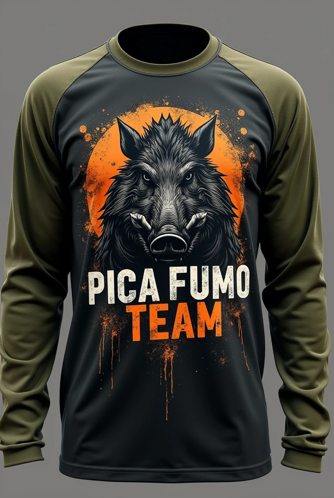 CREATE A LONG SLEEVE MILITARY T-SHIRT, BLACK WITH MILITARY GREEN SLEEVES WITH A DESIGN OF A BOAR, M4 556 AND WRITING RIFLES "PICA FUMO TEAM" WITH SHOT HOLES