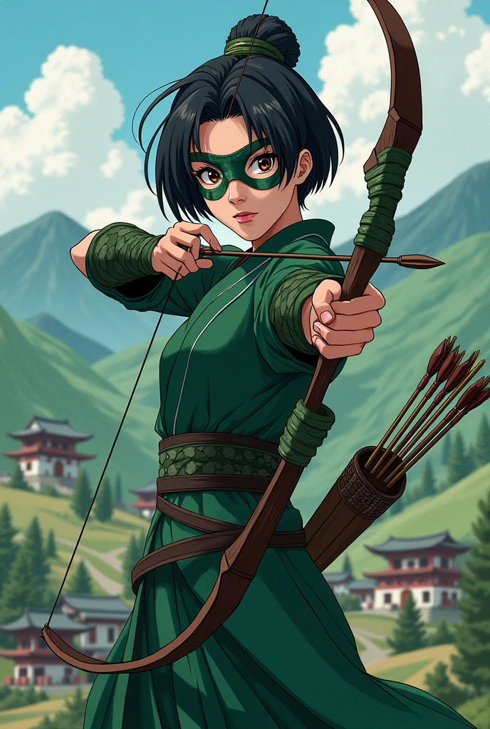 Sengoku period, female, Japanese, Green Arrow, anime, short hair, archery, eye mask