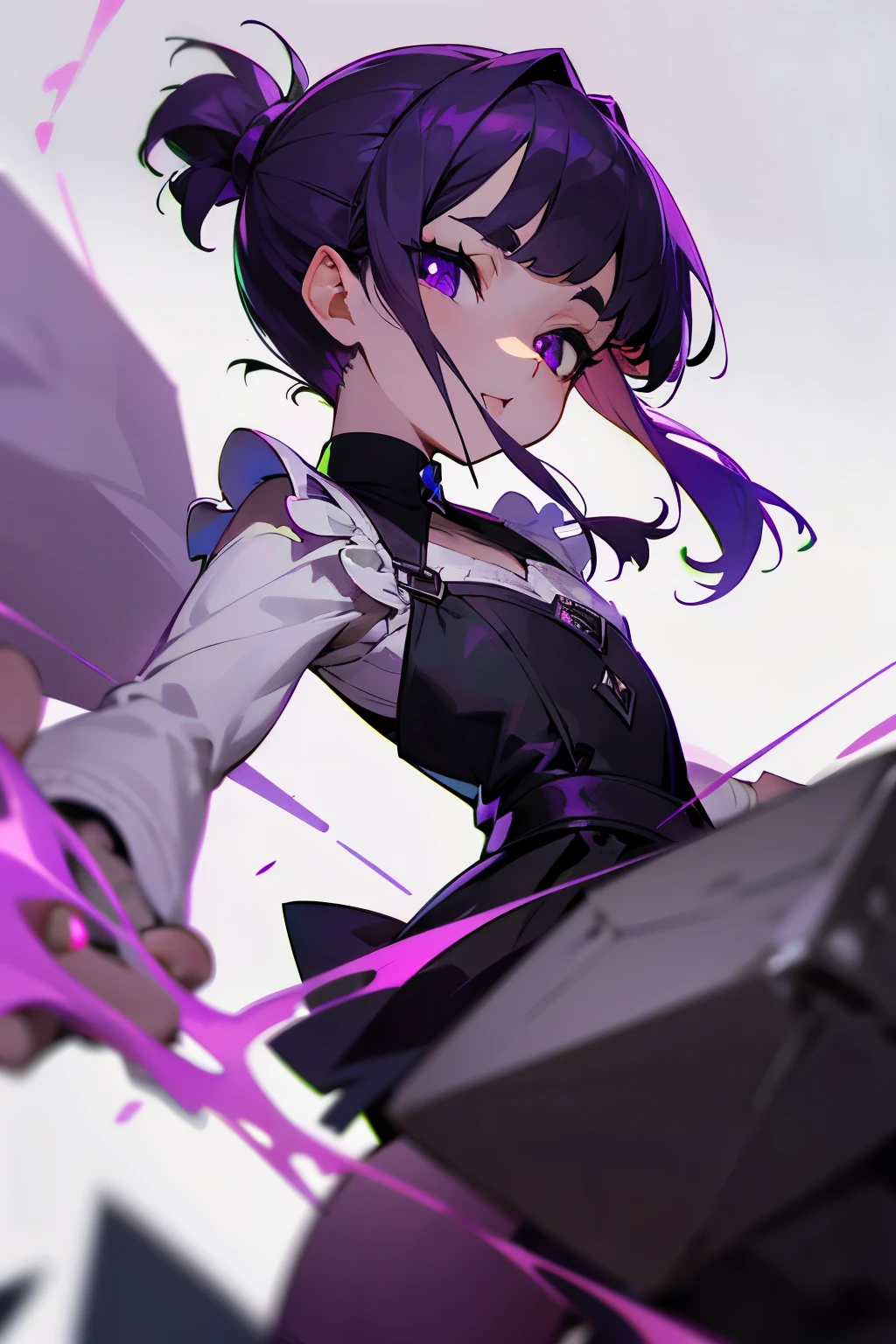 Halfling, dark purple eyes, dark purple eyes, white diamond shaped pupils, short stature, Hairstyle two ponytails, Long bangs