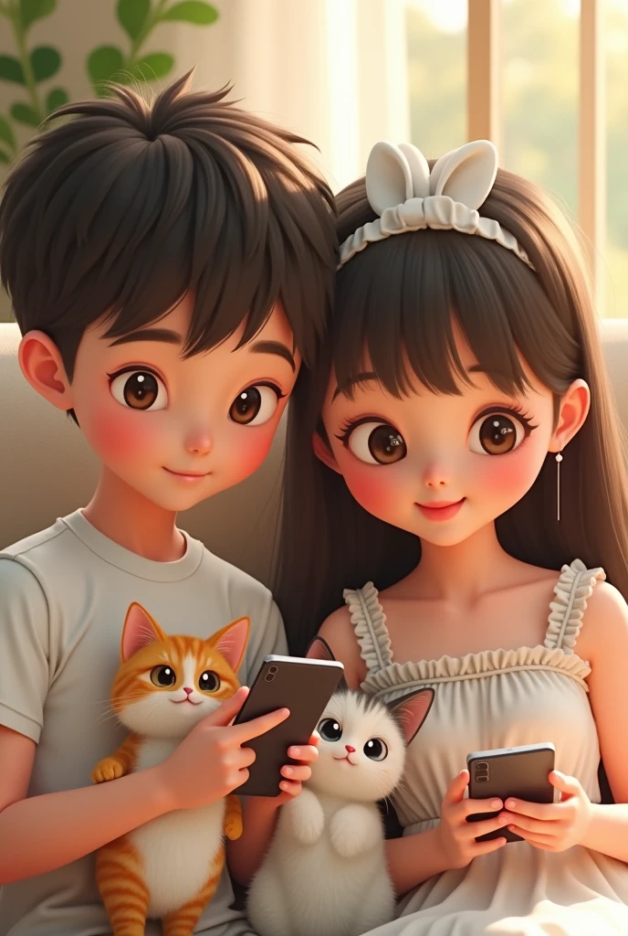 90s couple portrait,Cartoon head,cartoon,Cute and cute ,s,The boy's round face,big eyes,Short black hair,Cute expression,There is a cute white and black kitten next to it,The girl wore a white dress,long hair,bangs,There are big bows on the clothes,There is a little black cat next to him,Playing games on cell phones together,cell phone,sofa,Living room scene,sweet,Lovely modeling、Clarity、16K,Close-up details,Close-up of face