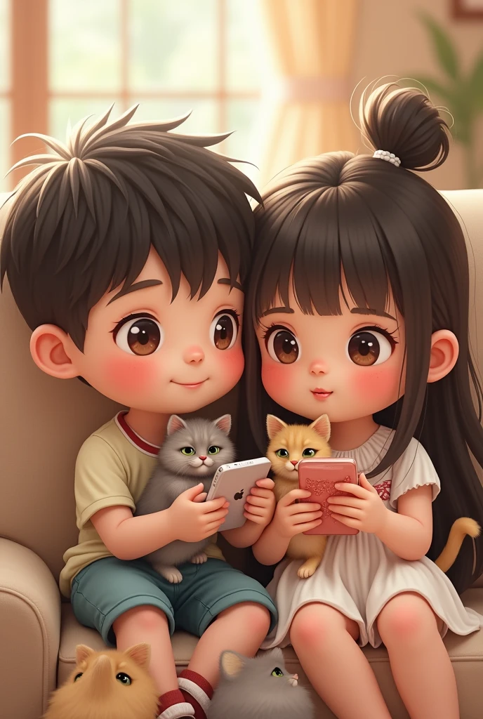 90s couple portrait,Cartoon head,cartoon,Cute and cute ,3 years,The boy's round face,big eyes,Short black hair,Cute expression,There is a cute white and black kitten next to it,The girl wore a white dress,long hair,bangs,There are big bows on the clothes,There is a little black cat next to him,Playing games on cell phones together,cell phone,sofa,Living room scene,sweet,Lovely modeling、Clarity、16K,Close-up details,Close-up of face