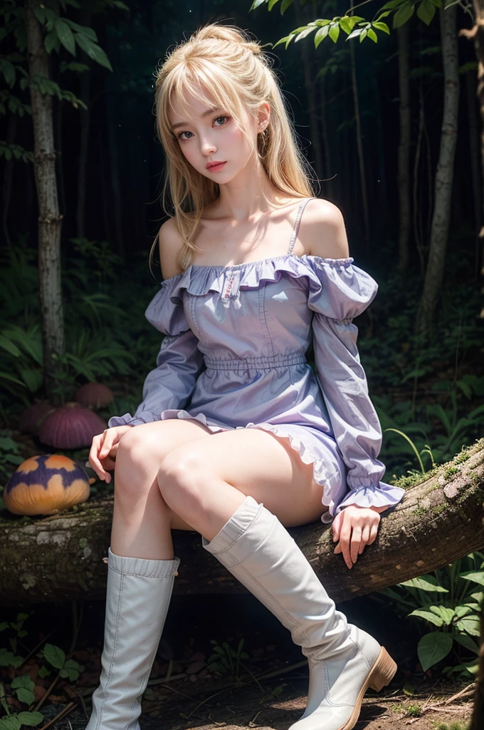 Light blonde haired anime girl with pale blue purple eyes wearing pink off shoulder puffy sleeves dress and knee length white boots sitting in the woods next to an orange mushroom surrounded by fireflies under starry sky sitting