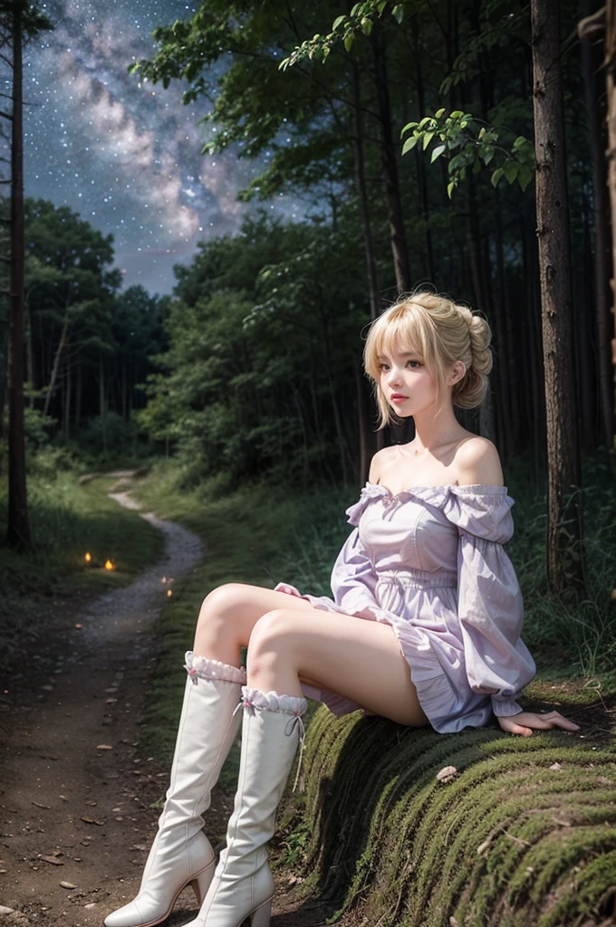 Light blonde haired anime girl with pale blue purple eyes wearing pink off shoulder puffy sleeves dress and knee length white boots sitting in the woods next to an orange mushroom surrounded by fireflies under starry sky sitting