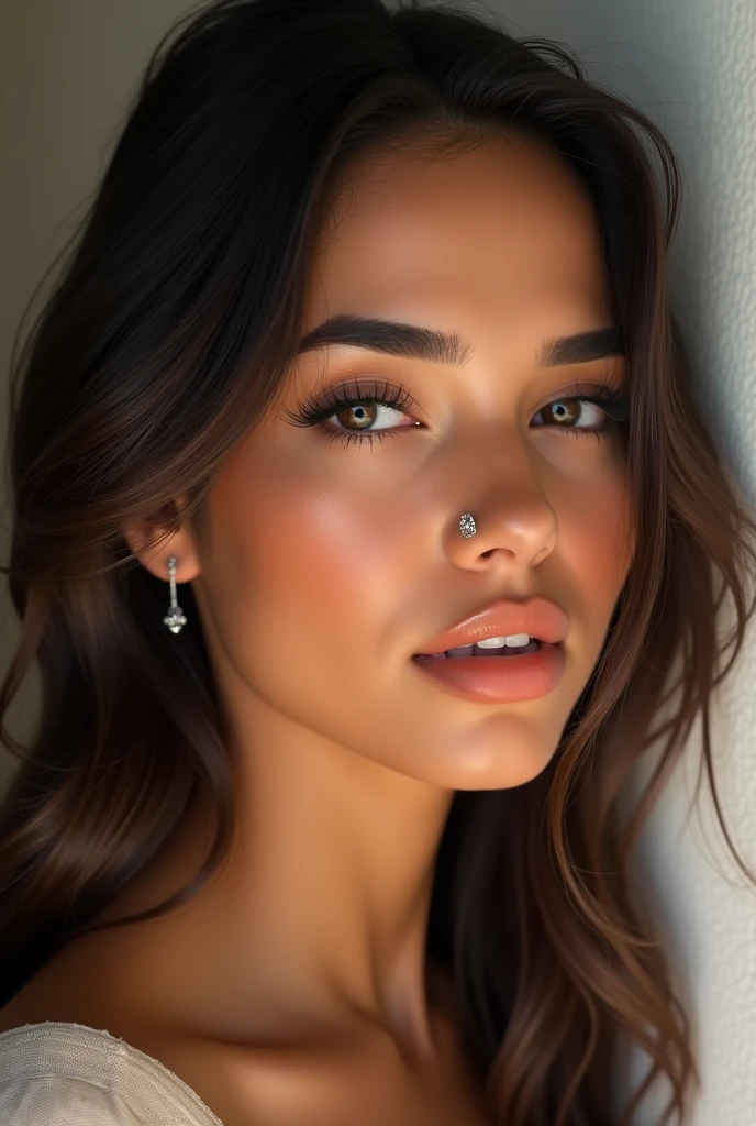 Latina with a tiny diamond nose stud.