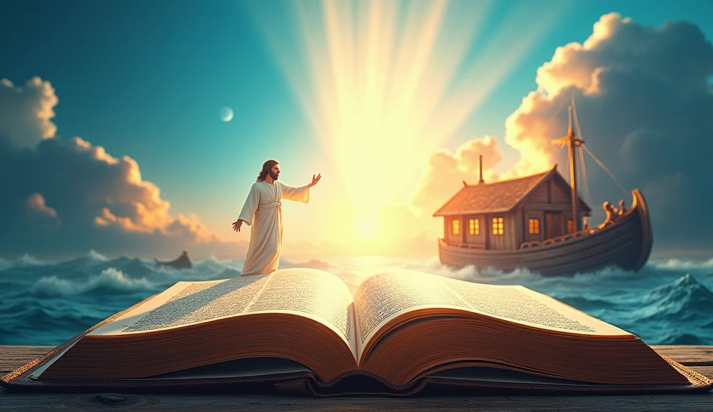 Create a vibrant and eye-catching banner for a YouTube channel that covers biblical themes. No design, Include the following elements:

- **the Bible:** wide open, highlighted in the center of the banner, with visible pages.
- **Noah&#39;s Ark:** Located in a corner of the banner, with the ark floating on calm waters, with animals lurking around.
- **jesus:** Depicted in a welcoming pose, perhaps with open arms, transmitting love and compassion, positioned next to the Bible.
- **eye-catching background:** Use bright, dynamic colors, like blues and golds, with graphic elements that refer to light and hope, like sunbeams or clouds.