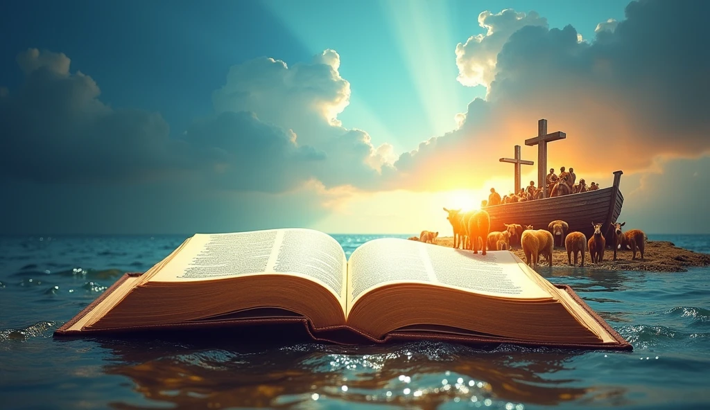 Create a vibrant and eye-catching banner for a YouTube channel that covers biblical themes. No design, Include the following elements:
- **the Bible:** wide open, highlighted in the center of the banner, with visible pages.
- **Noah's Ark:** Located in a corner of the banner, with the ark floating on calm waters, with animals lurking around.
- **jesus:** Depicted in a welcoming pose, perhaps with open arms, transmitting love and compassion, positioned next to the Bible.
- **eye-catching background:** Use bright, dynamic colors, like blues and golds, with graphic elements that refer to light and hope, like sunbeams or clouds.