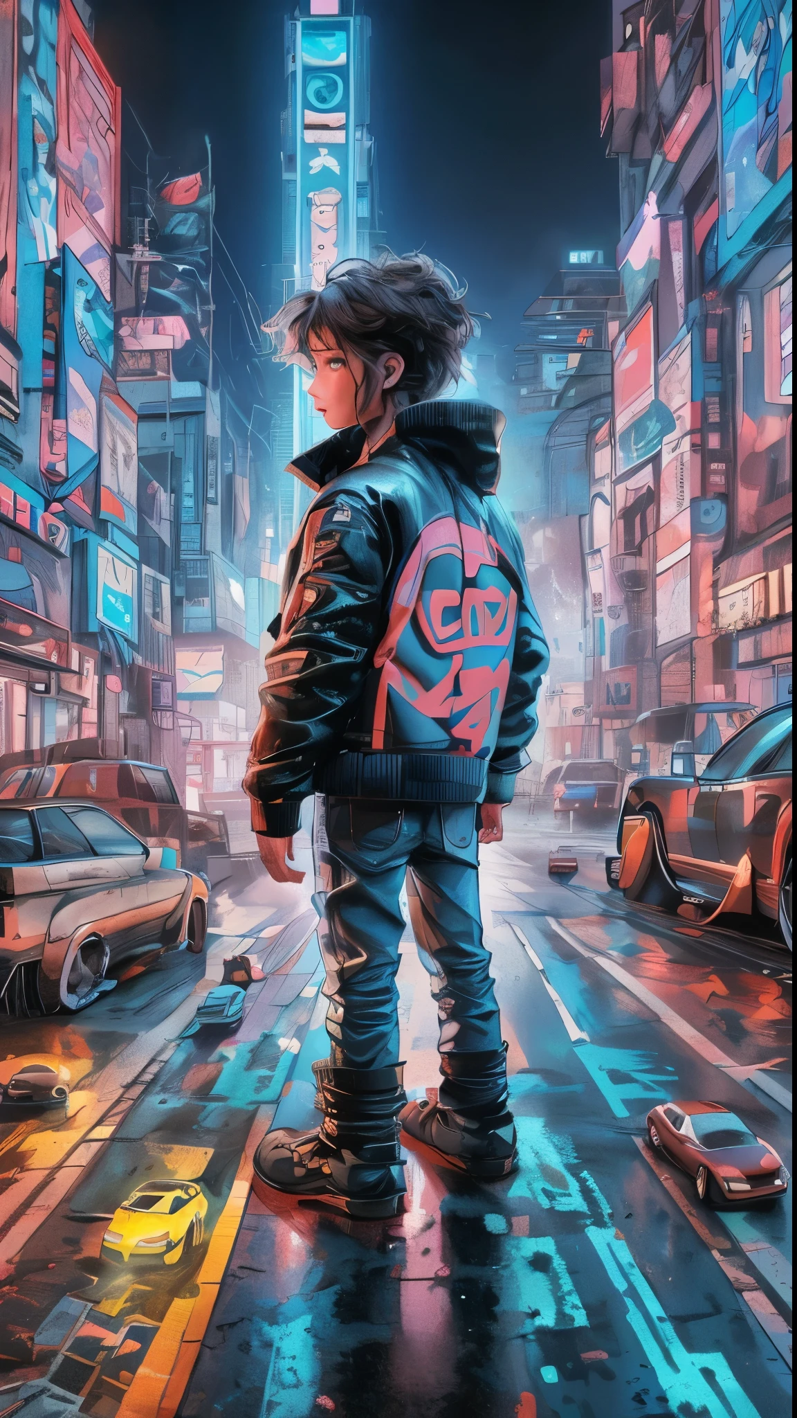 A 7--old playing with his toy cars. with a black leather jacket looking at the viewer.1.4,on a deep balcony,cyberpunk city in the distance,cyberpunk colors,neon,High Definition,8k,masterpiece,(Best Quality,4k,8k,High resolution,masterpiece:1.2),ultra detailed,(realist,photorealist,photo-realist:1.37),beautiful detailed eyes,beautiful detailed lips,extremely detailed eyes and face,long eyelashes,cinematic lighting,cinematographic composition,dramatic lighting,dynamic composition.worst quality, low quality, bad anatomy, bad hands, bad body, missing fingers, extra digit, fewer digits
