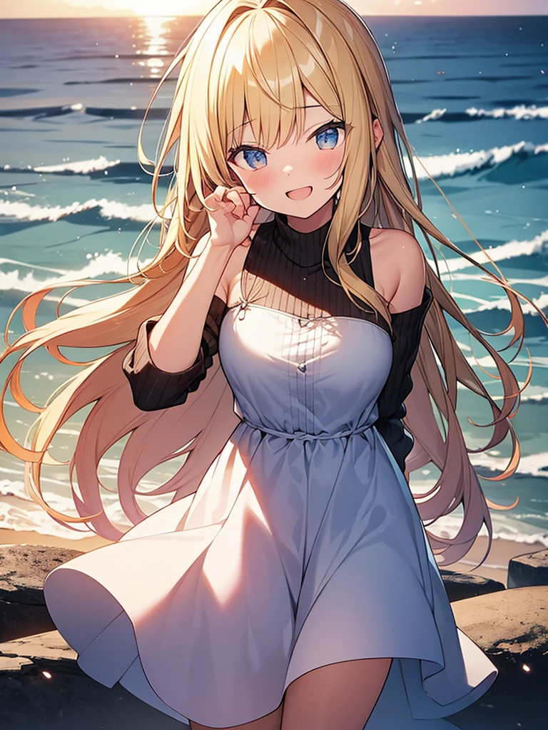 (Masterpiece, Top quality:1.5), (dynamic angle:1.2), (1 beautiful girl, solo:1.2), dynamic pose, (Blonde:1.3), medium Hair, wavy Hair, asymmetry bangs, swept bangs, airy hair, large breasts:1.2, 14 year old, (sundress:1.3), smile:1.3, blush, beautiful scene of seaside, magnificent panorama view, blurry background ,open mouth, sunset