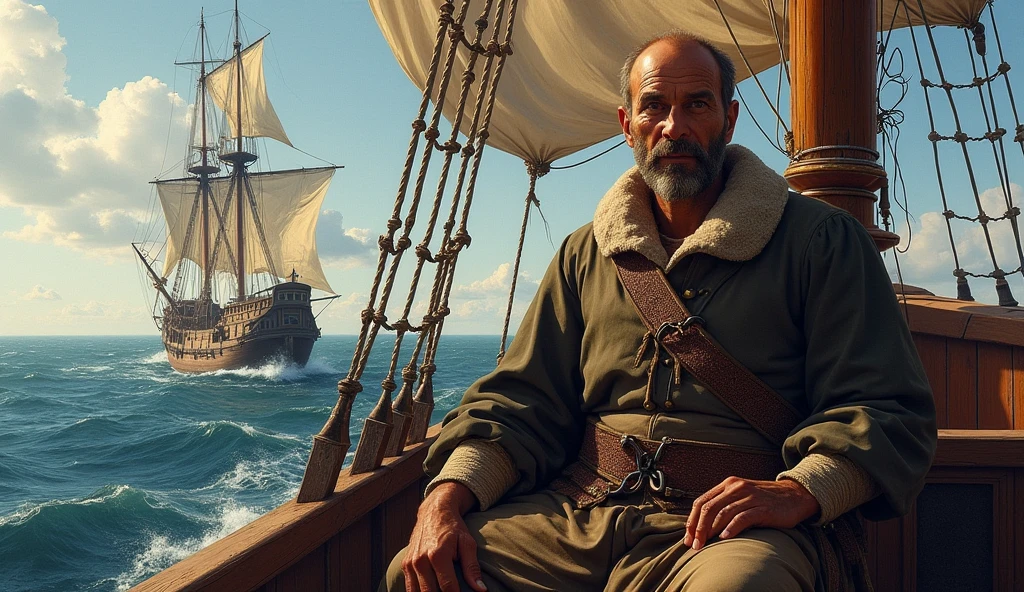 Create an image of Vasco da Gama sitting on a boat in the water.