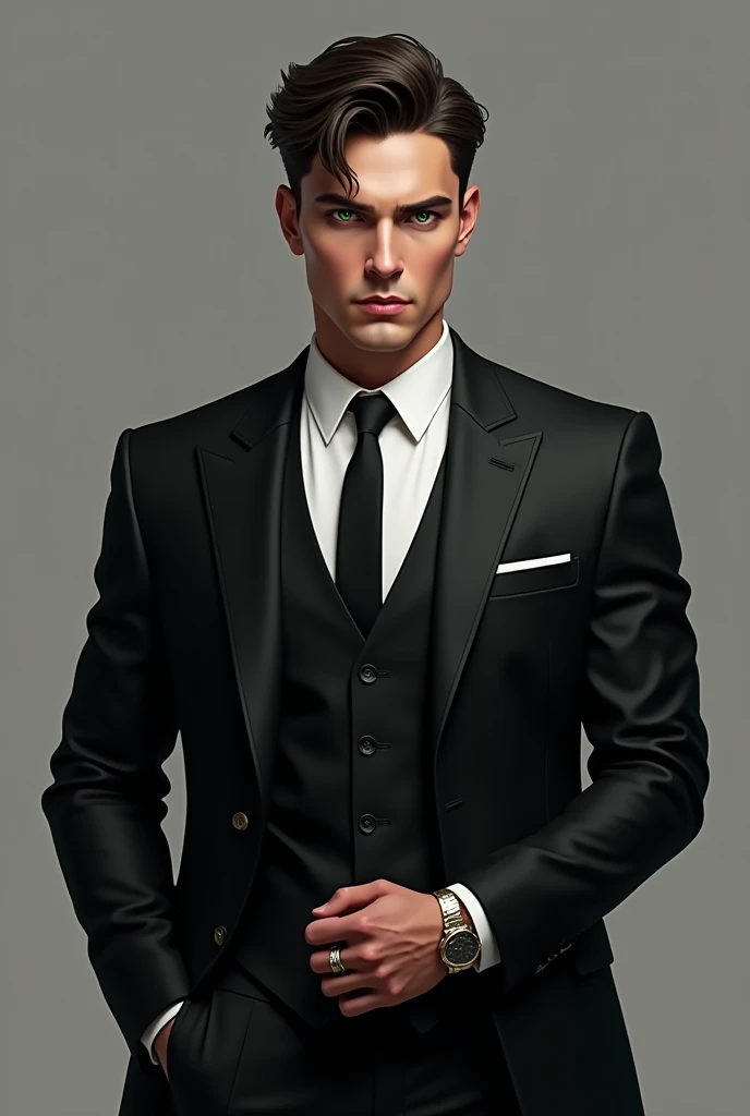 (photorealism:1.2), man (Physical Characteristics: Height: high, Approximately 1.85 m 6'1") + (Complexion: athletic, well toned. hair: dark, short and well groomed. eyes: greens, Intense and penetrating. fur: Medium tone, with a healthy and well-groomed appearance)
+ (CLOTHES: General Style: elegant and sophisticated, with a focus on modern, well-fitting clothing. Example of outfit: A dark suit; black or charcoal grey with a white shirt, and maybe a skinny tie. Alternatively, You could wear a black leather jacket over a dark colored t-shirt for a more casual but equally stylish look.) +
(Expression: general: Serious and enigmatic, with a look that reflects confidence and a touch of mystery. boca: Slightly tilted downwards, suggesting a reserved or authoritarian attitude. Posture; body: Upright and with a dominant posture, suggesting self-confidence. manos: Hands may be in pockets or crossed in front of him., depending on the context of the illustration) + (Additional Details; Accessories: You can wear an elegant watch or a discreet ring., but without excesses. Hair style: Well cared for and stylized, without clutter, to highlight your attention to detail)
