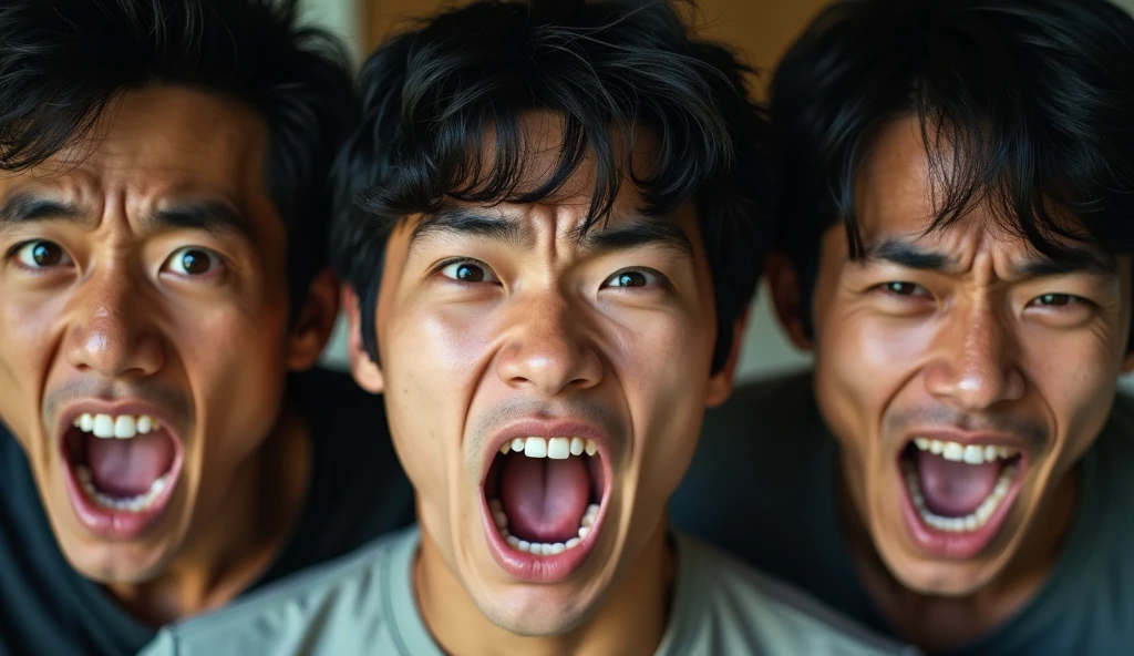 Three young Japanese men are angry,Excited, Photo of your face, Intense anger, With the room in the background, with a natural look, With a slightly tired look, tilt your face a little, Diagonal orientation, Average face