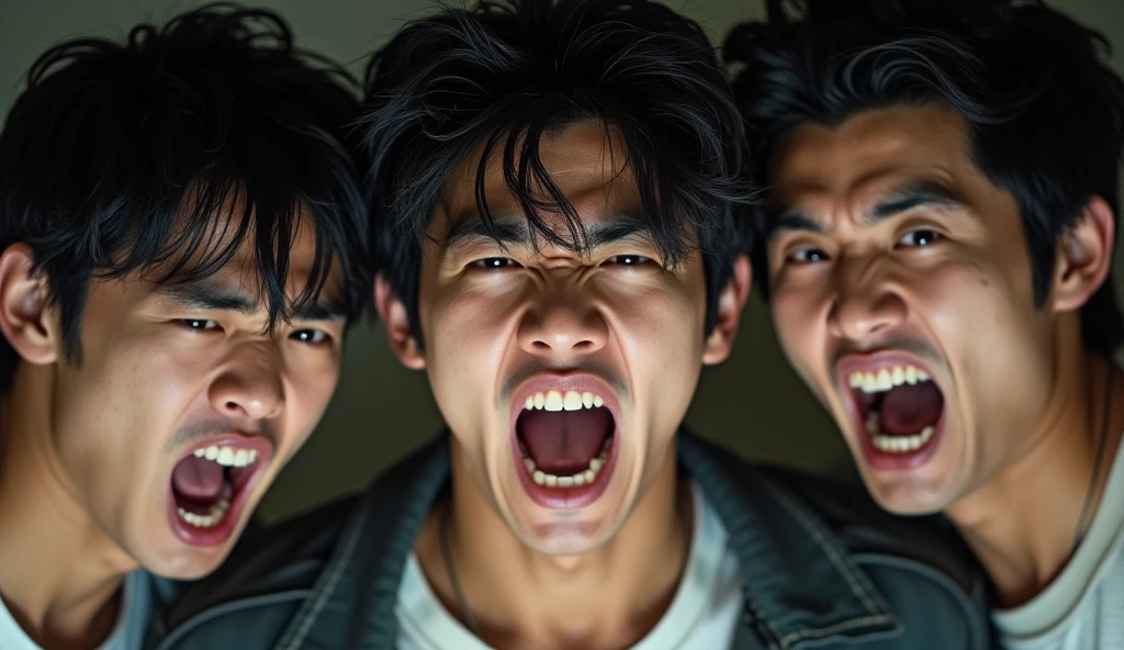 Three young Japanese men are angry,Excited, Photo of your face, Intense anger, With the room in the background, with a natural look, With a slightly tired look, tilt your face a little, Diagonal orientation, Average face