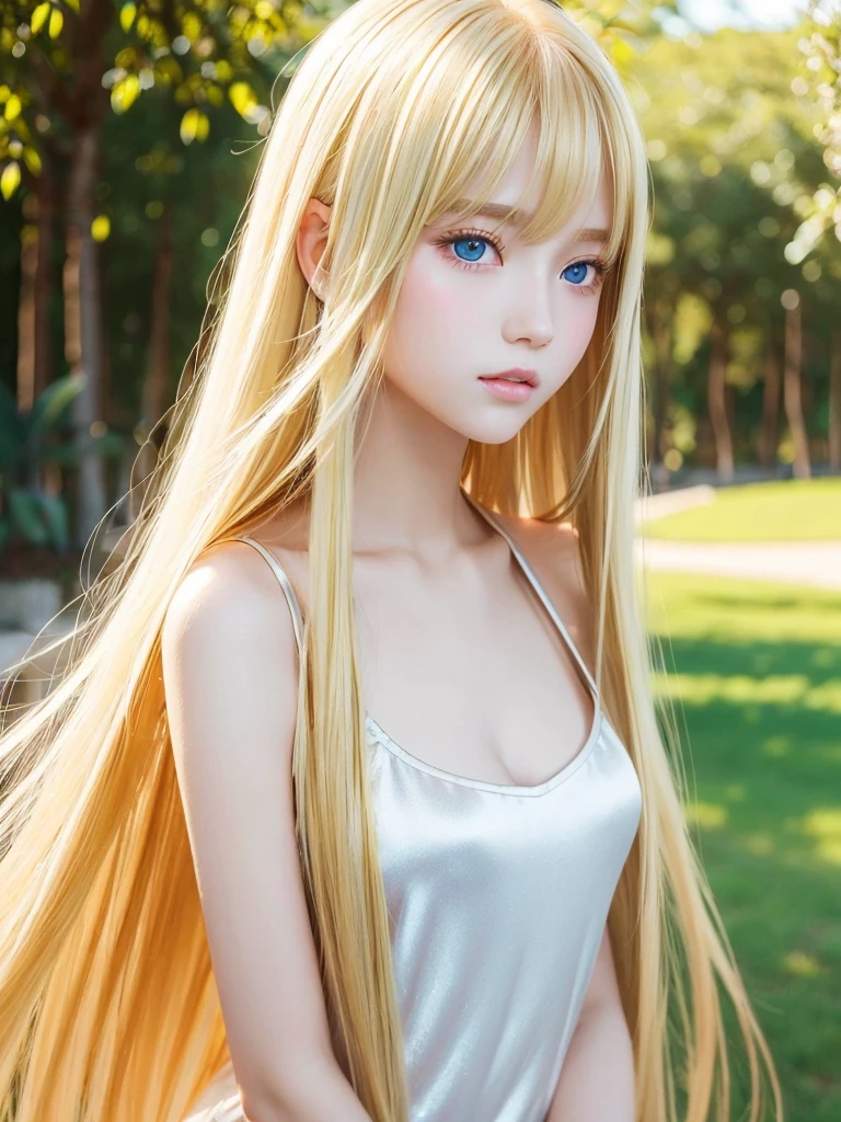Beautiful super long straight silky soft hair shining dazzling golden color、bright expression、Blonde girl posing with white top、long golden silky bangs between the eyes,、fair skin with glossy skin、Pink cheeks、Shiny cheeks、Real life girls、16yo girl、Beautiful girl in shining golden platinum blonde、Beautiful big bright blue eyes