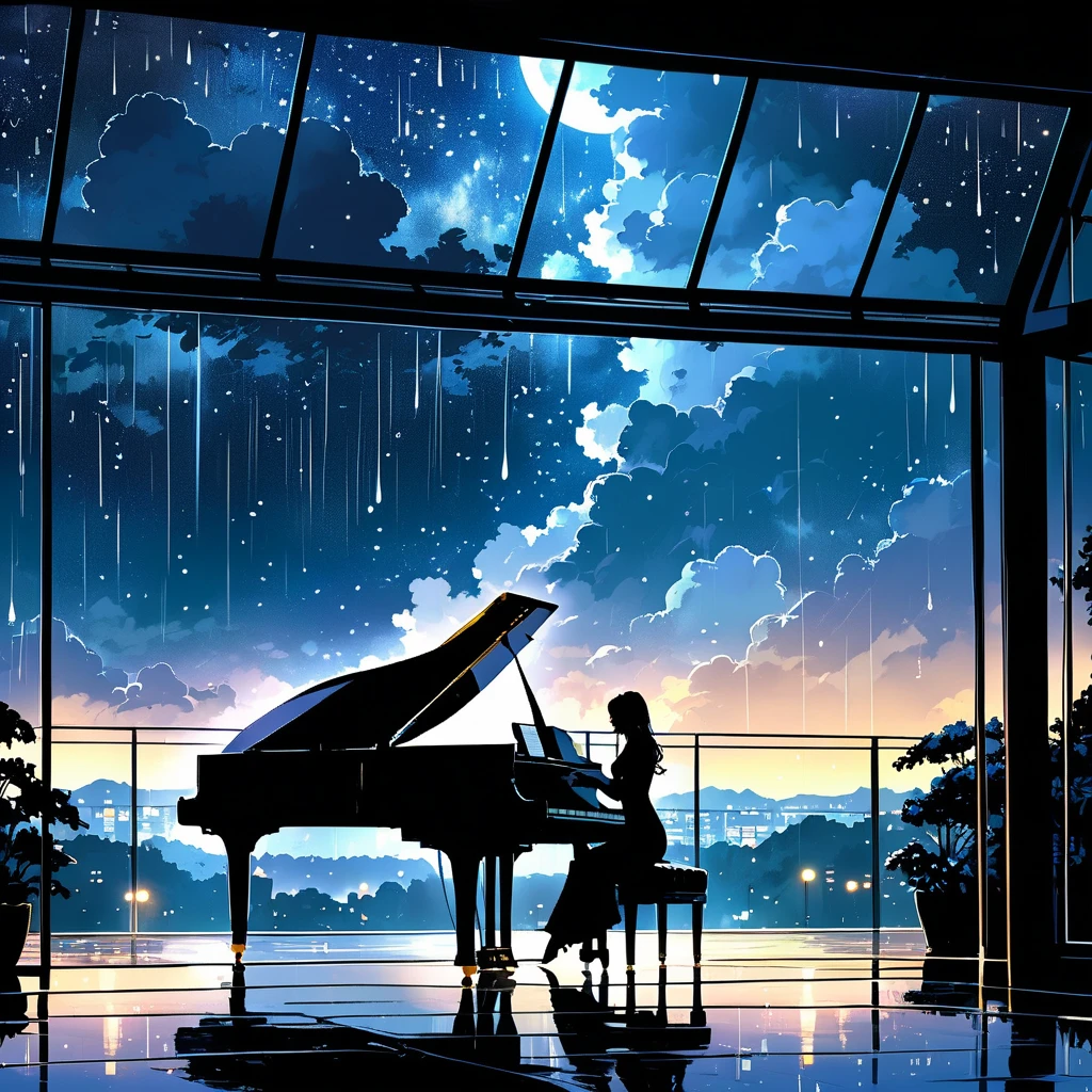 A serene night scene with gentle rain falling softly. The image should capture the romantic atmosphere of night with a gentle crown of clouds. Include a softly lit music box in the distance, blending with the whispers of the night. A piano is playing under the rain, symbolizing the echoes of heartbeats, with a couple dancing gracefully through the raindrops. Moonlight reflects in their eyes as they embrace under the sky, creating a feeling of love and quiet intimacy. The stars above add to the melody of love in the air