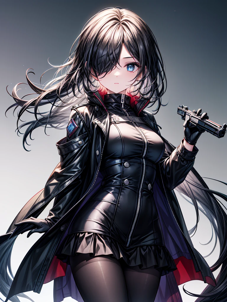 ((Oriental Project)),((Celestial Glacier)),((masterpiece)),((Highest quality)),((black micro mini length skirt)),((shooting a gun in front of her)),((alone)),(Serene),((Deep blue pupils)),((sparkling eyes)),(Beautiful Blue Eyes),((Wearing a black coat)),(((Wearing black tights))),(Slim body),((length, Shiny black hair)),((Her left eye is completely hidden by her bangs)),((Her hair is parted, and you can see her eyes through it)),((Wearing black gloves)),((hair over one eye,long hair)),((Frosty Background)),((Hair blowing in the wind))