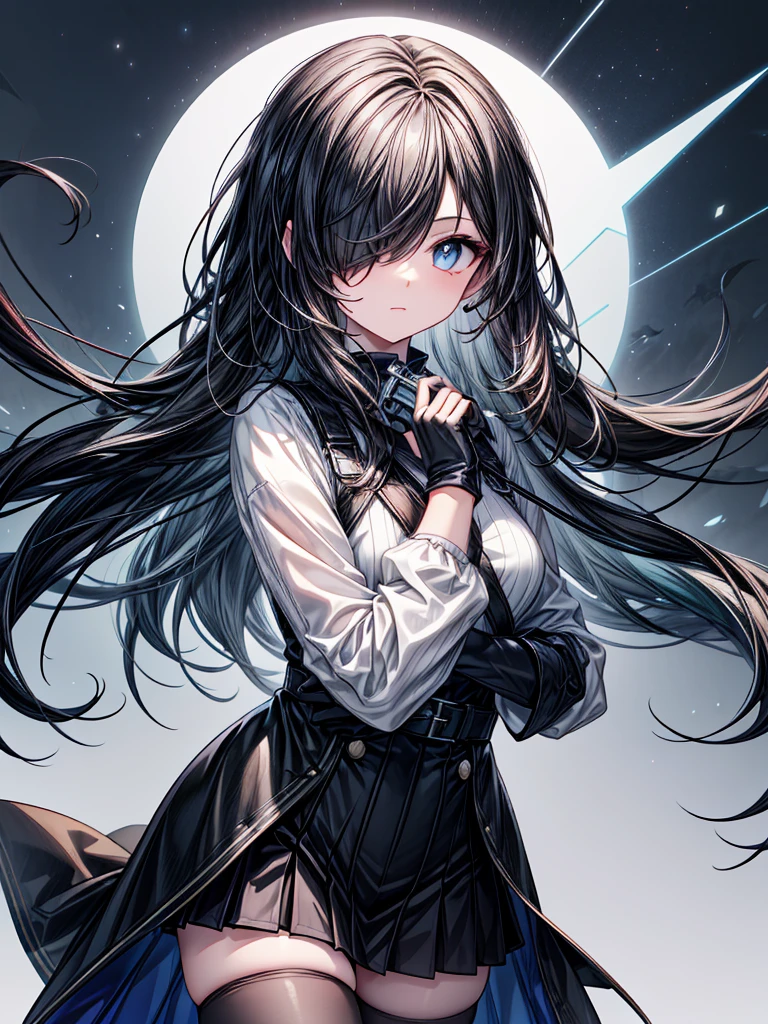 ((Oriental Project)),((Celestial Glacier)),((masterpiece)),((Highest quality)),((black micro mini length skirt)),((shooting a gun in front of her)),((alone)),(Serene),((Deep blue pupils)),((sparkling eyes)),(Beautiful Blue Eyes),((Wearing a black coat)),(((Wearing black tights))),(Slim body),((length, Shiny black hair)),((Her left eye is completely hidden by her bangs)),((Her hair is parted, and you can see her eyes through it)),((Wearing black gloves)),((hair over one eye,long hair)),((Frosty Background)),((Hair blowing in the wind))