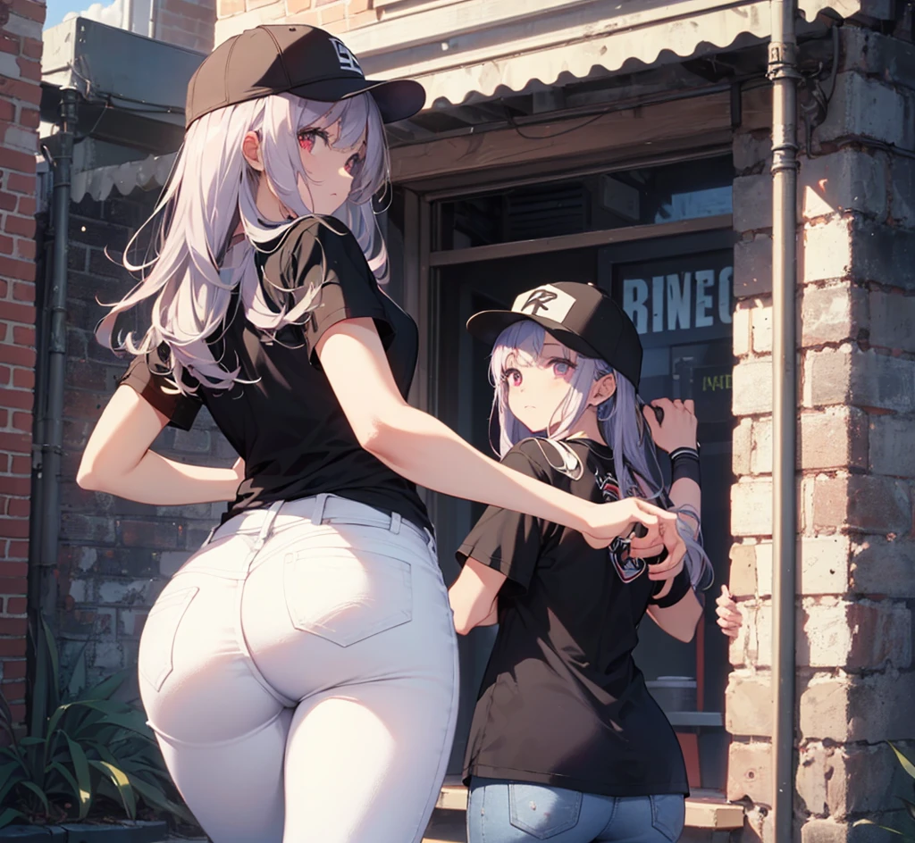 (Close-up:1.3),Realistic,Highest quality, Super detailed, High-quality CG rendering, The most delicate and beautiful, Floating softly, High resolution, (1 person), (Highest quality,4K,8k,masterpiece:1.2), Light purple hair,(Long Hair:1.5),Red eyes,(Black short sleeve T-shirt:1.4),(Pure white skinny jeans:1.4),(Pure white baseball cap:1.3),In the city,old buildings,Narrow Alley,(Turn your back to your audience:1.3),Butt