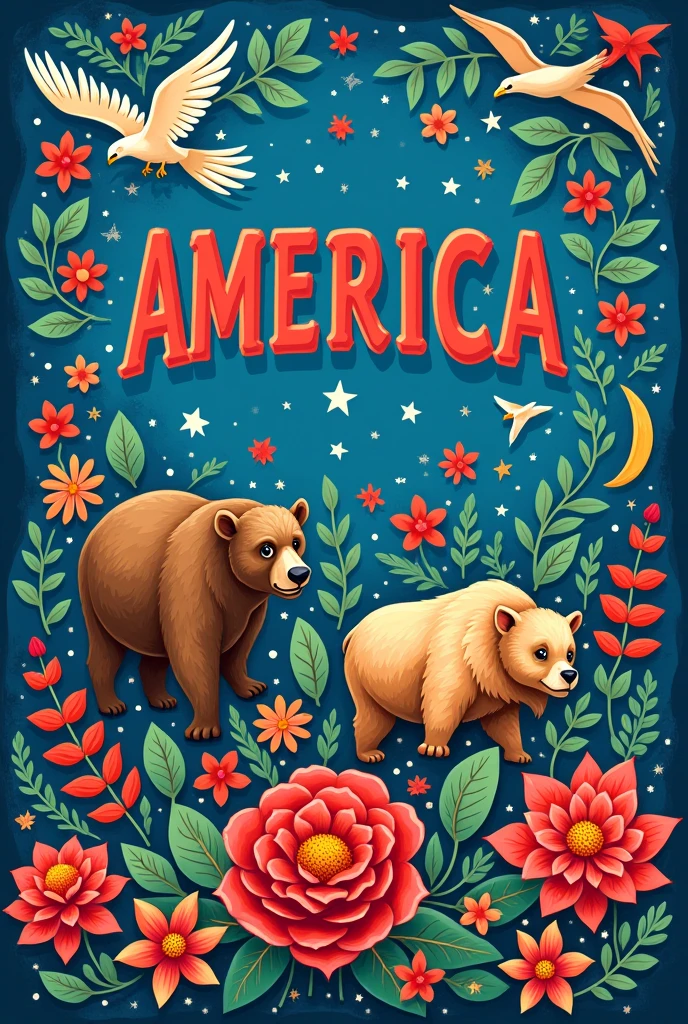 Create a flag for a school gymkhana with the name America in big red letters with some illustrations of animals and flowers from America and in the center the image of Saci Perere