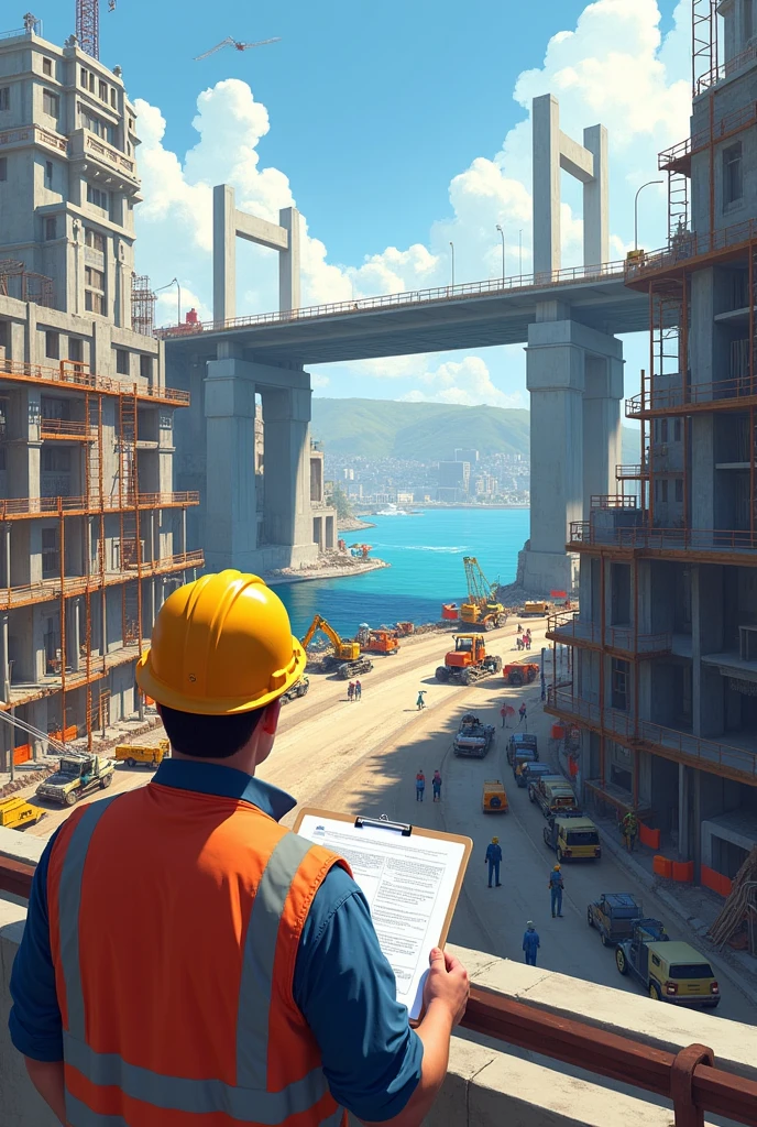Project management officer planning and scheduling of  a bridge construction project and tracking progress monitoring at site
