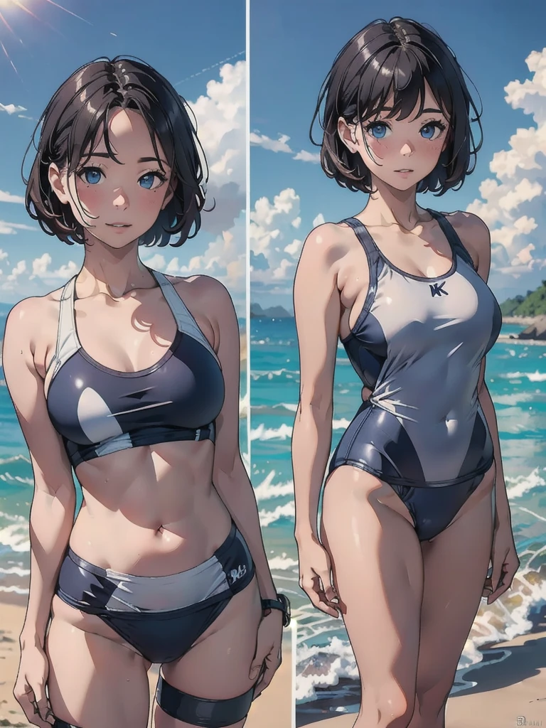 (8k, RAW Photos, Highest quality, masterpiece: 1.2), (Realistic: 1.37), 1 person, Beach, School Swimsuit .50mm lens、Beautiful blue sky