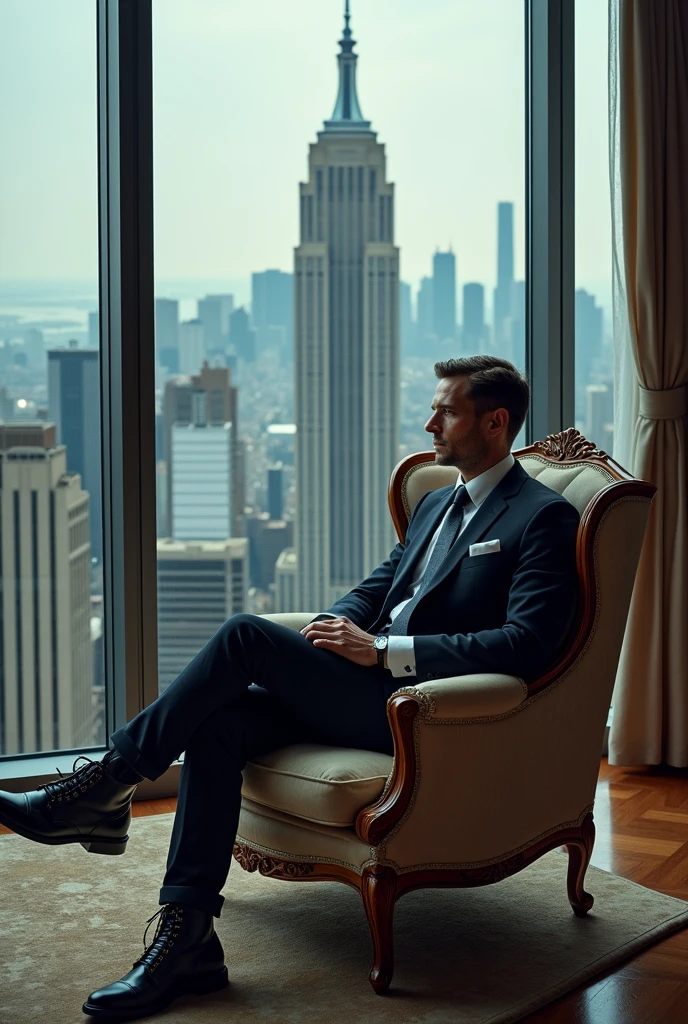 a skyscraper office in the big city, the cyborg man sits in a luxurious chair, heavy man boots, high quality, absurdres, masterpiece, beautiful, intricate details, 1/2 body crop, slim body, beautiful figure, magnificent anatomy, (intricate details:1.12), HDR, (intricate details, hyper-detailing:1.15), (natural skin textures, hyper realisitc, soft light, Sharp:1.2)
