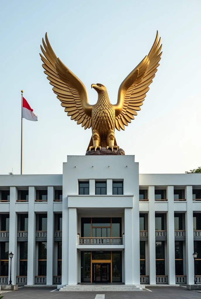 Showing a modern white building with a front terrace with many building pillars, behind the building stands a giant golden eagle statue.By flapping its wings, in front of the building there is a town square and there is a flagpole flying the Indonesian flag