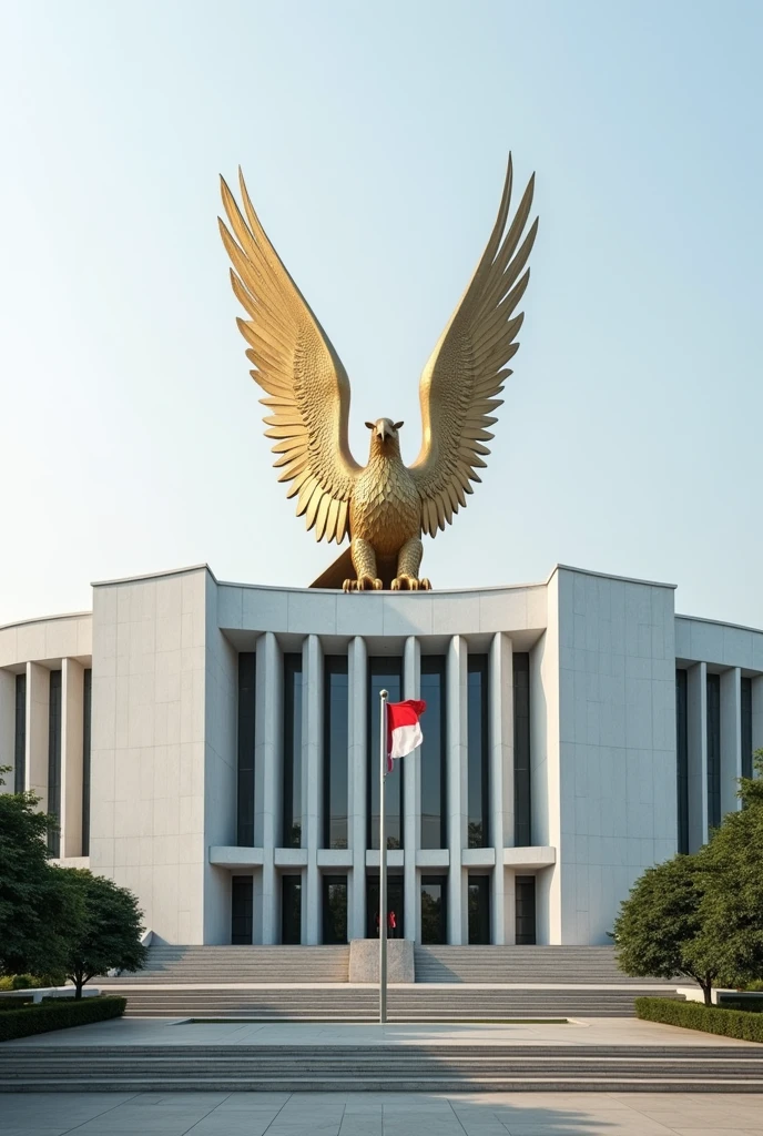 Showing a modern white building with a front terrace with many building pillars, behind the building stands a giant golden eagle statue.By flapping its wings, in front of the building there is a town square and there is a flagpole flying the Indonesian flag