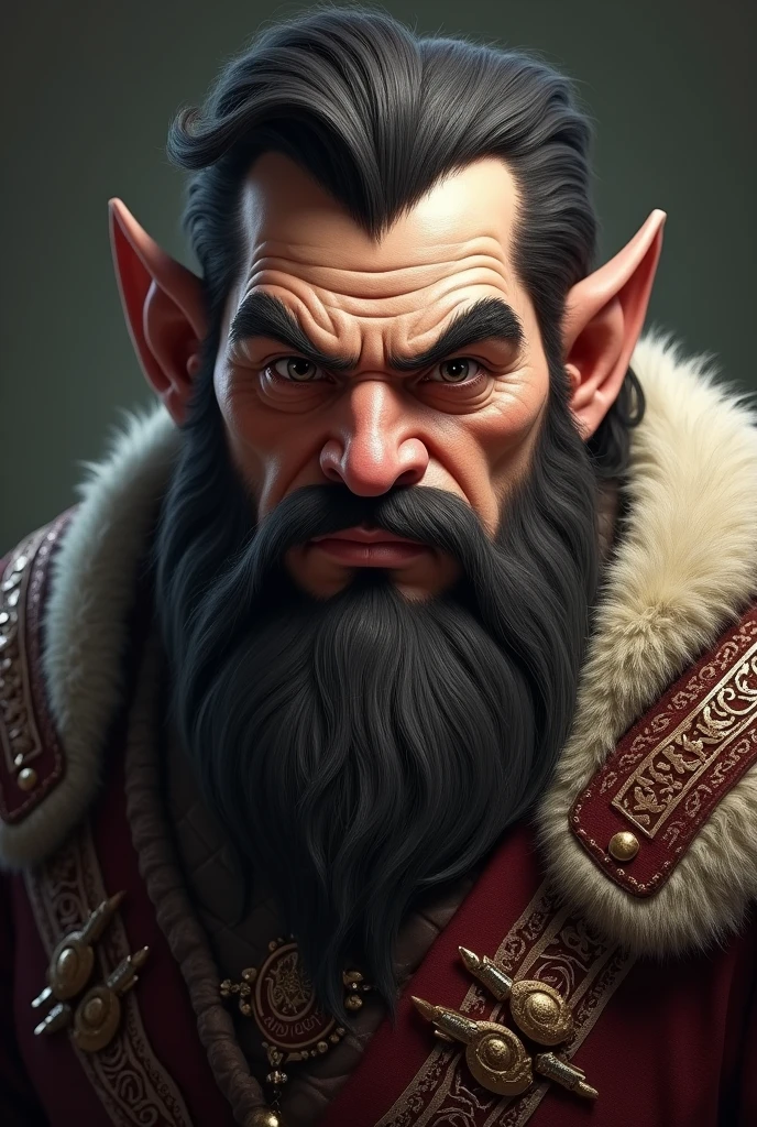 Angular and striking dwarf face, with a prominent chin and high cheekbones. His eyes are piercing and intense, and he has a straight, sharp nose. Normalmente, appears with thick, dark hair, and a short, well-trimmed beard. Her look is completed by medieval nobility clothing., often adorned with rich details, reflecting your status and authority.