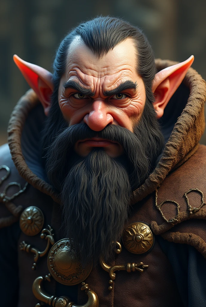Angular and striking dwarf face, with a prominent chin and high cheekbones. His eyes are piercing and intense, and he has a straight, sharp nose. Normalmente, appears with thick, dark hair, and a short, well-trimmed beard. Her look is completed by medieval nobility clothing., often adorned with rich details, reflecting your status and authority.