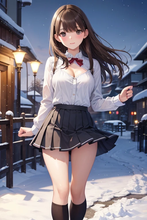 Detailed face to, Very detailedな目,


woman, ((masterpiece, Highest quality)), Detailed skin, Very detailed, Cinema Lighting, Ultra-realistic, blush, View your audience, 
, Brown Hair, , Portraiture, Outdoor, snow,  Cleavage,  Small breasts,  Wide Hips, Tight waist、Full body image, expensive, 
skirt, miniskirt, microskirt, pleated skirt, Thighs,