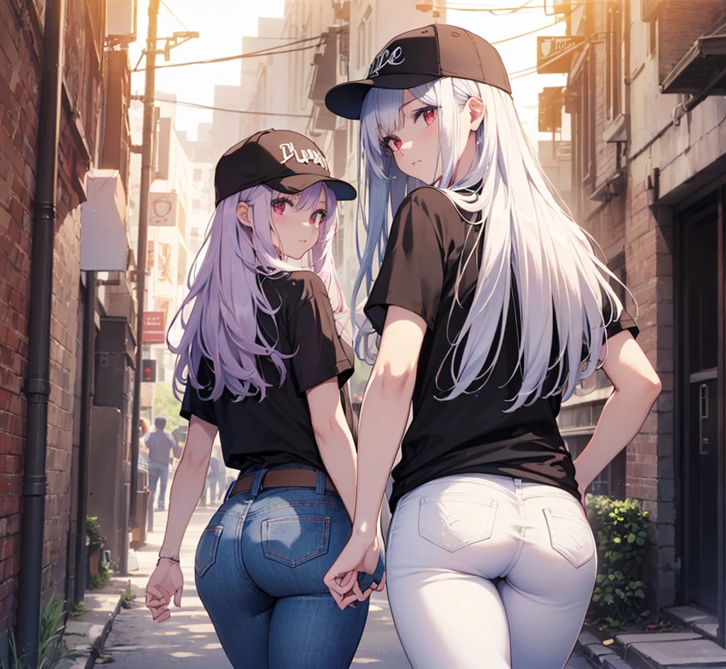 (Close-up:1.3),Realistic,Highest quality, Super detailed, High-quality CG rendering, The most delicate and beautiful, Floating softly, High resolution, (1 person), (Highest quality,4K,8k,masterpiece:1.2), Light purple hair,(Long Hair:1.5),Red eyes,(Black short sleeve T-shirt:1.4),(Pure white skinny jeans:1.4),(Pure white baseball cap:1.3),In the city,old buildings,Narrow Alley,(Turn your back to your audience:1.3),Butt