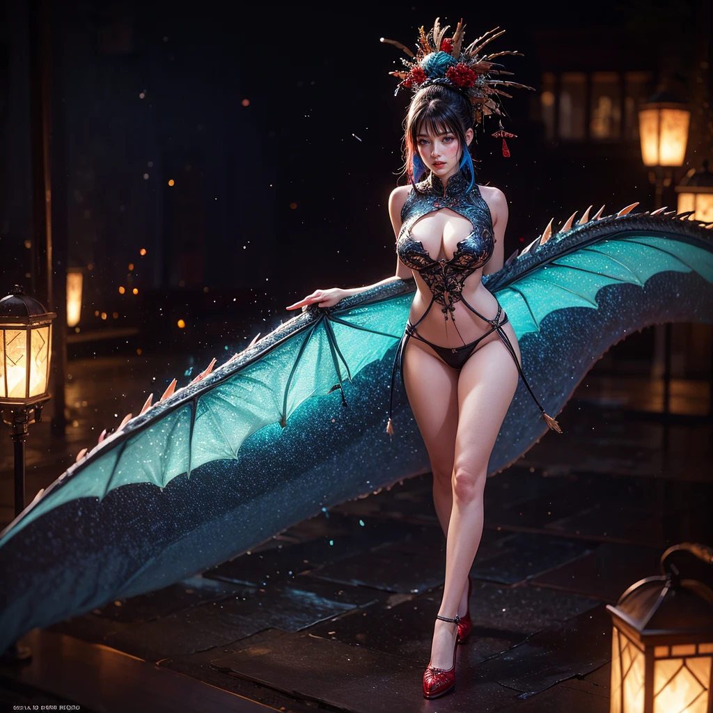 (Full Body of Extremely Detailed Dragon girl) with Sparkling Red eyes Cyan hair in a high ponytail, liquid hair, flowers, (Huge dragon head) in background, 8K TopQuality UltraDetailed Masterpiece of Professional Photo, HDR ultra-fine painting, LifeLike rendering, extreme detail description, professional, Bright colors, bokeh, (Exposed Hourglass Body Shape)